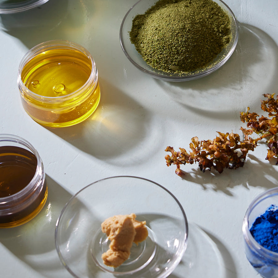 Aerial view of various  product ingredients on a table.